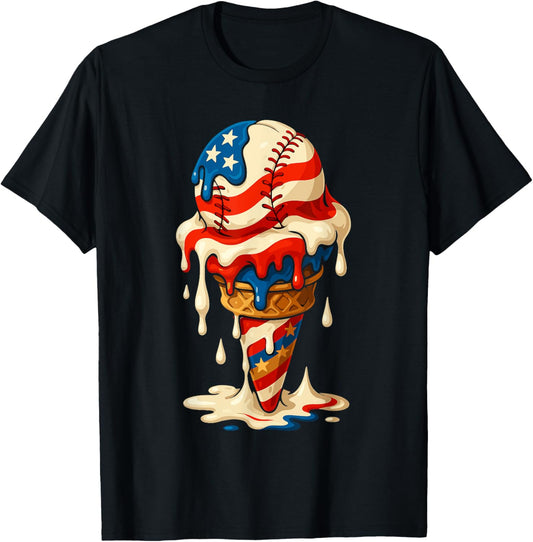 4th Of July Baseball Drip Ice Cream Cone American Flag T-shirt