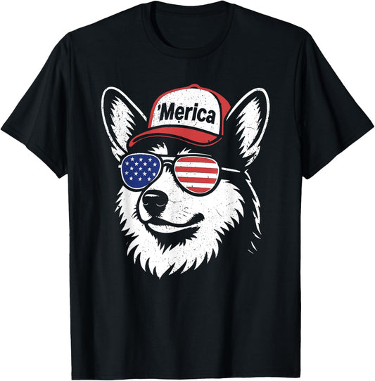 Merica Corgi Dog With Usa Glasses Funny 4th Of July T-shirt