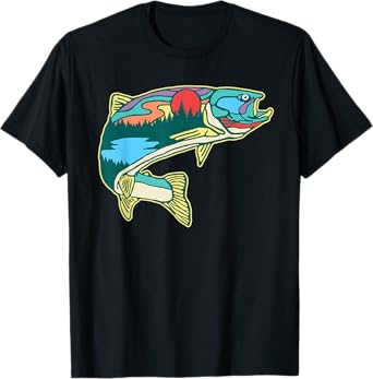 Nature Trout Illustration Vintage Fly Fishing Retro Graphic T-Shirt
