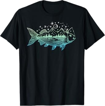 Cool Fish Shaped from Mountains Nature Scene Fishing T-Shirt