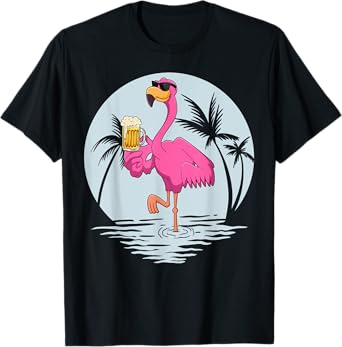 Funny Pink Flamingo Bird With Mug Of Beer Summer Vacation T-Shirt