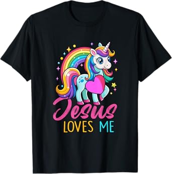 Kids Jesus Loves Me Christian Bible Girls Rainbow Unicorn T-Shirt