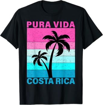 Retro Sunset Palm Tree Costa Rica Vacation Pura Vida Beach T-Shirt