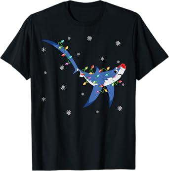 Shark Xmas Lighting Reindeer Hat Thresher Shark Christmas T-Shirt