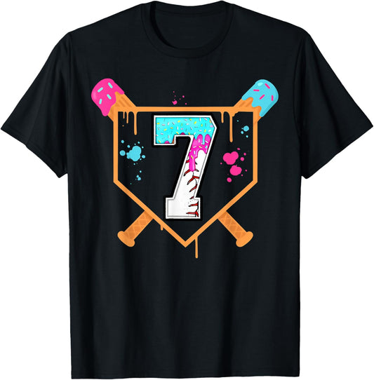 Baseball 7th Birthday Ice Cream Drip 7 Years Old Bday Boy T-Shirt