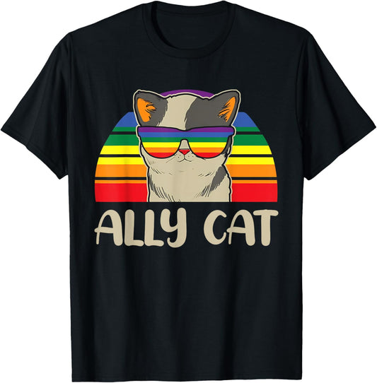 Gay Pride Month Ally Cat Funny LGBTQ Rainbow Men Women Kids T-Shirt