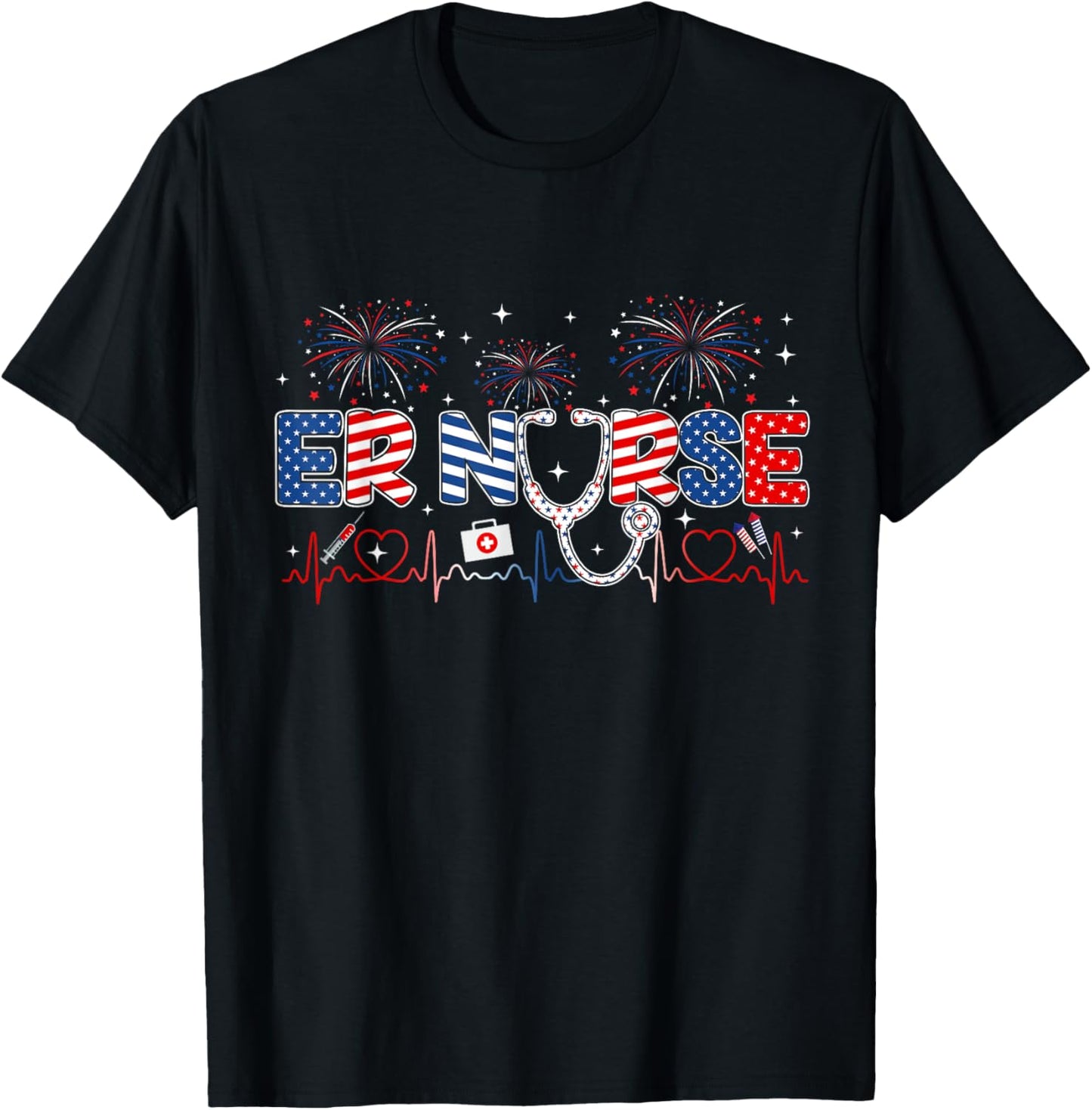 ER Nurse 4th of July American Flag Patriotic USA Stethoscope T-Shirt