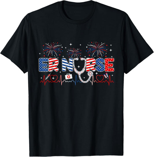 ER Nurse 4th of July American Flag Patriotic USA Stethoscope T-Shirt