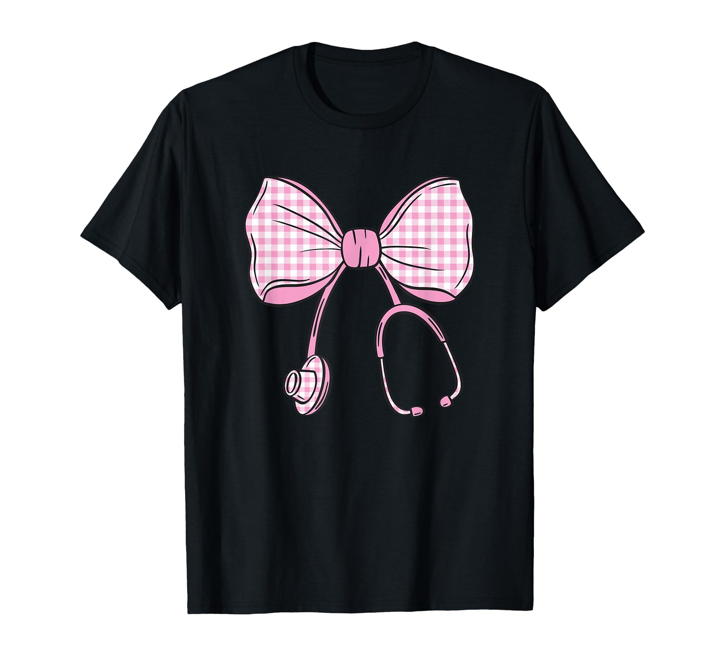 Checkered Coquette Bow Pastel Pink Gingham Nurse Sthetoscope T-Shirt