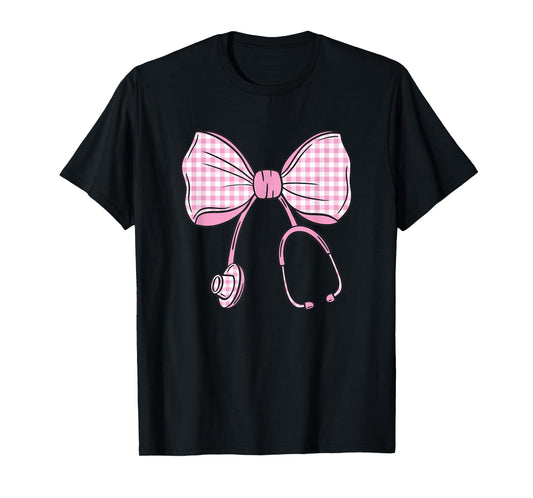 Checkered Coquette Bow Pastel Pink Gingham Nurse Sthetoscope T-Shirt