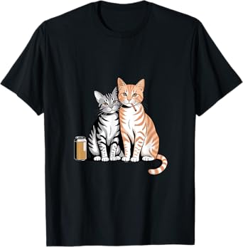 Two Cats With Beer And Cigarette Cartoon Design T-Shirt