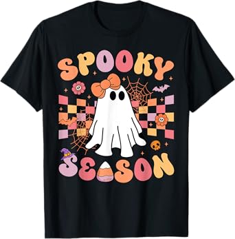 Spooky Season Cute Ghost Coquette Bow Groovy Happy Halloween T-Shirt