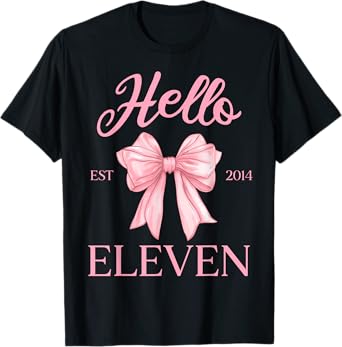 11th Birthday Girl Cute Coquette Bow Hello Eleven Est 2014 T-Shirt