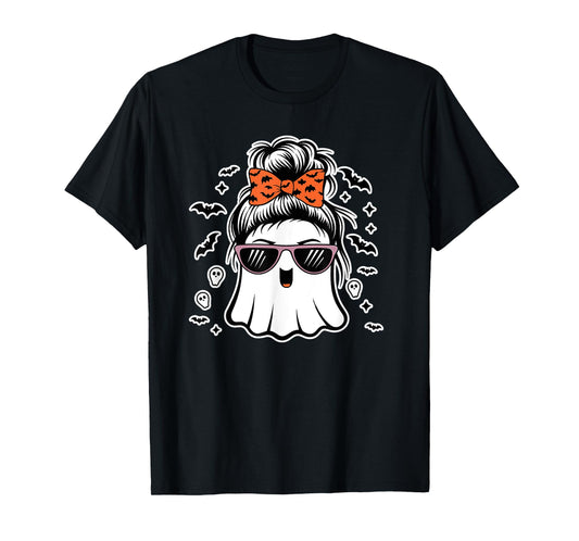 Cute Ghost Messy Bun Mom Halloween Messy Hair Bun Moms Life T-Shirt