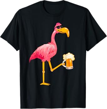 Funny Beer and Flamingo Lover - Flamingo Wearing Sunglass T-Shirt