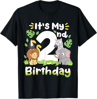 Jungle Safari 2nd Birthday Zoo Animal Two Years Old Kids T-Shirt