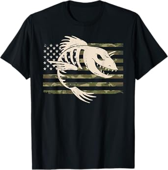 Fish Bones Skeleton Camo US American Flag Camouflage Fishing T-Shirt for Women Men