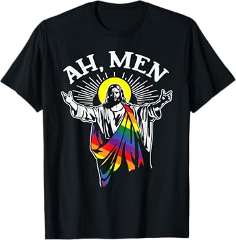 Ah Men Funny LGBT Gay Pride Jesus Rainbow Flag Christian T-Shirt