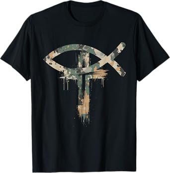 Cross Christian Fish Symbol Camo Camouflage Natural T-Shirt