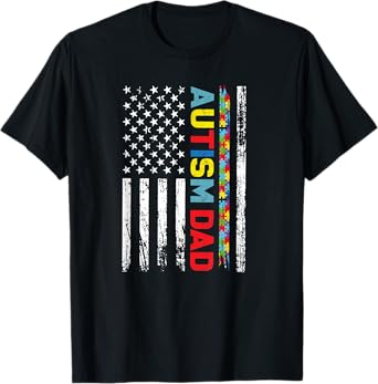 Autism Dad Fathers day Men USA America Flag Autism Awareness T-Shirt