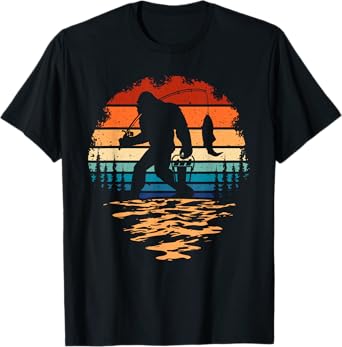 Bigfoot Fishing Funny Retro Sasquatch Dad Men Kids T-Shirt