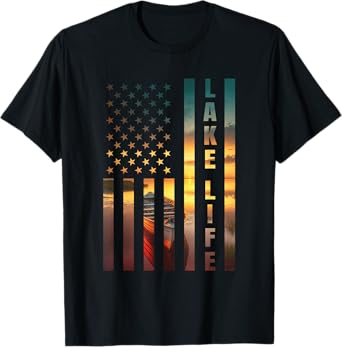 Lake Life Fisherman Sunset American Flag Bass Fishing Boat T-Shirt