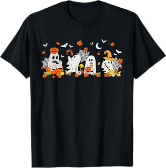 Cute Ghost Drinking Coffee Halloween Fall Ghost Book Reading T-Shirt