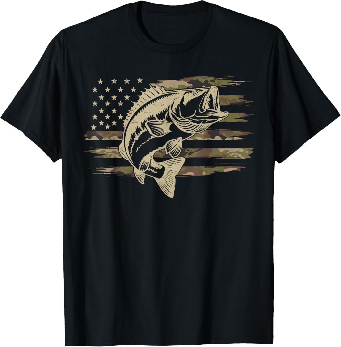 Fishing Camouflage American Flag Black Bass Fisherman Camo T-Shirt