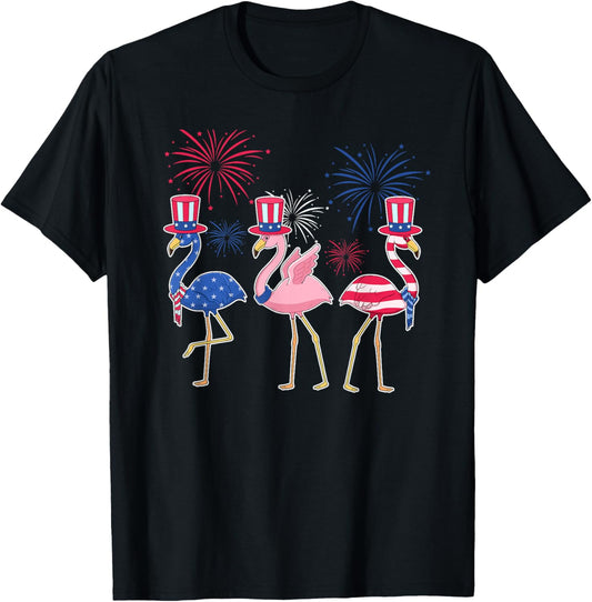 4th of July Pink Flamingos Party American Flamingo Fireworks T-Shirt