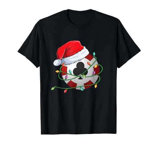 Christmas Poker Chip in Santa Hat wrapped in Holiday Lights T-Shirt