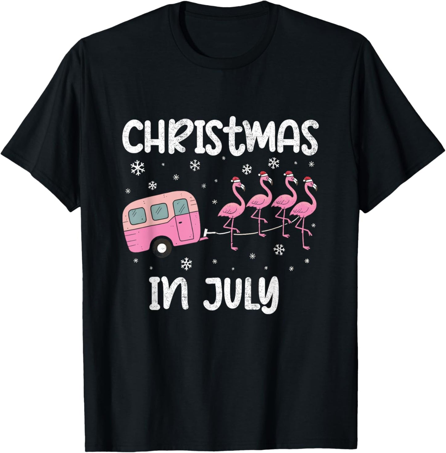 Christmas In July Flamingo Trailer Summer Xmas Camp Camper T-Shirt