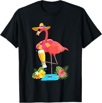 Pink Flamingo Drinking Beer Summer Vacation Beer Lover T-Shirt
