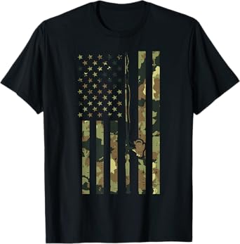 Camo US Flag Fishing Rod Pole Vintage Patriotic Fisherman T-Shirt