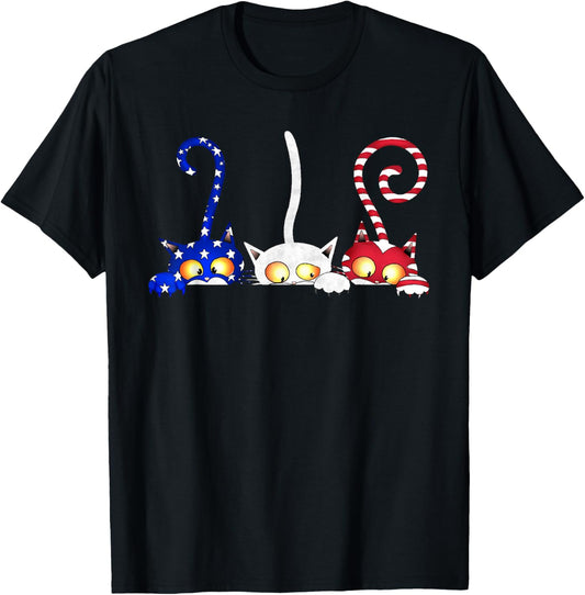 Cat 4th Of July American Flag Red White Blue Women Kids T-Shirt