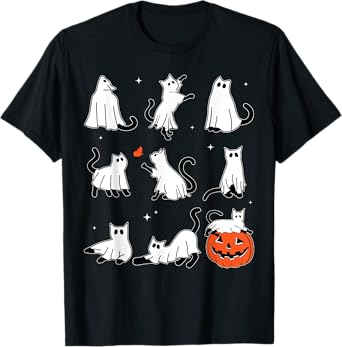 Cute Ghost Black Cat Halloween Funny Kids Mens Women T-Shirt