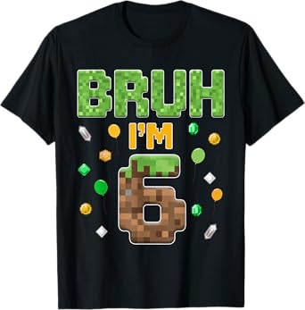 Funny 6 Year Old Bruh 6th Birthday Boy Video Gamer Pixel T-Shirt