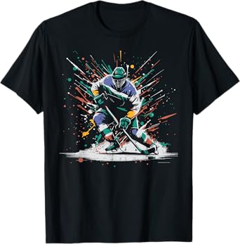 Ice Hockey Player Paint Splatter Art Sports Men Boys Kids T-Shirt
