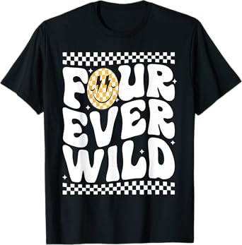 Four Ever Wild 4 year Old Birthday Happy Dude Checkered T-Shirt