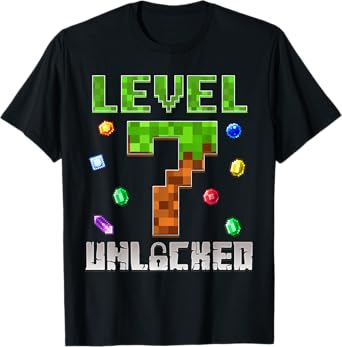 Birthday Boy Level 7 Unlocked 7th Birthday Game Pixel T-Shirt