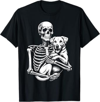 Skeleton Holding A Dog Funny Lazy Halloween Costume Skull T-Shirt
