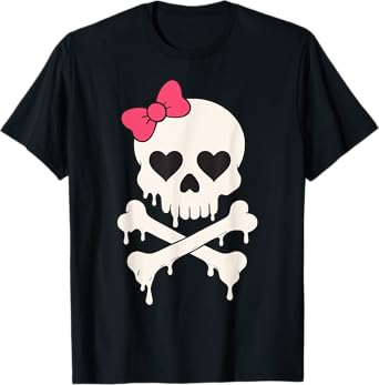 Cute Skull Pink Bow Dripping Crossbone Halloween Women Girls T-Shirt