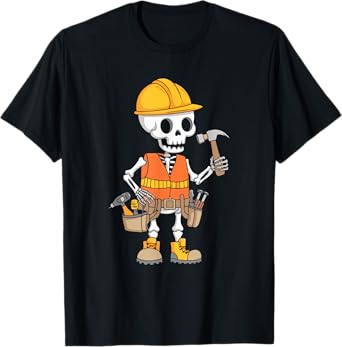 Construction Worker Costume Skeleton Halloween Orange Vest T-Shirt