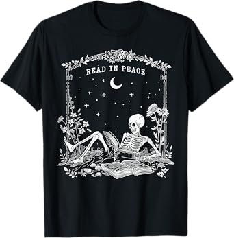 Read in Peace, Skeleton reading Book Halloween bookish T-Shirt