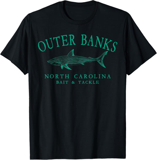 Outer Banks North Carolina Shark Retro Arched Teal Letters T-Shirt