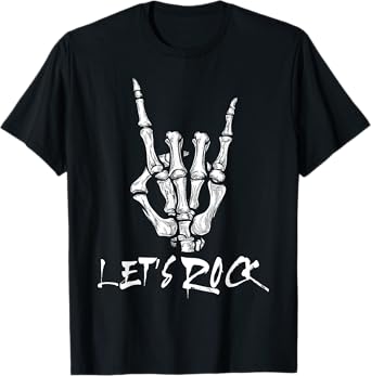 Lets Rock Band Rock and Roll Skeleton Hand Sign Rock Concert T-Shirt