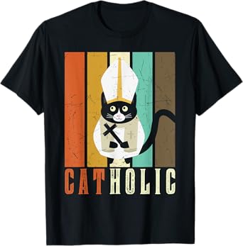 Funny Catholic T Shirts, Cat-holic Cat Lover Retro Vintage T-Shirt