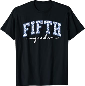 Fifth Grade Coquette Toile Blue Bow Floral Women Teacher T-Shirt