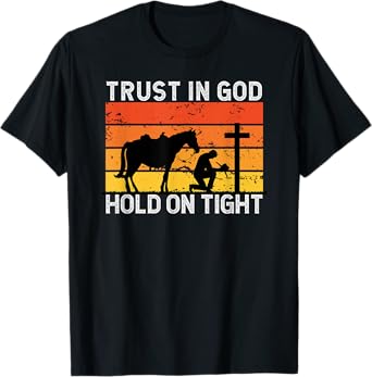 Christian Cowboy Gifts Apparel Unisex-Adults Black Cotton Blend Short Sleeve T-Shirt Small Trust In God Hold Tight Cowboy Kneeling At Cross Jesus Christian Cowboy T-Shirt