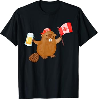 Beaver Holding Canada Flag Beer T-Shirt