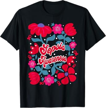 Sepsis Awareness Groovy Red Boho Flower Art Ribbon T-Shirt